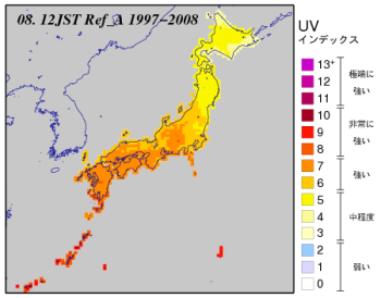 8月の正午の日本付近のUVインデックス分布図
